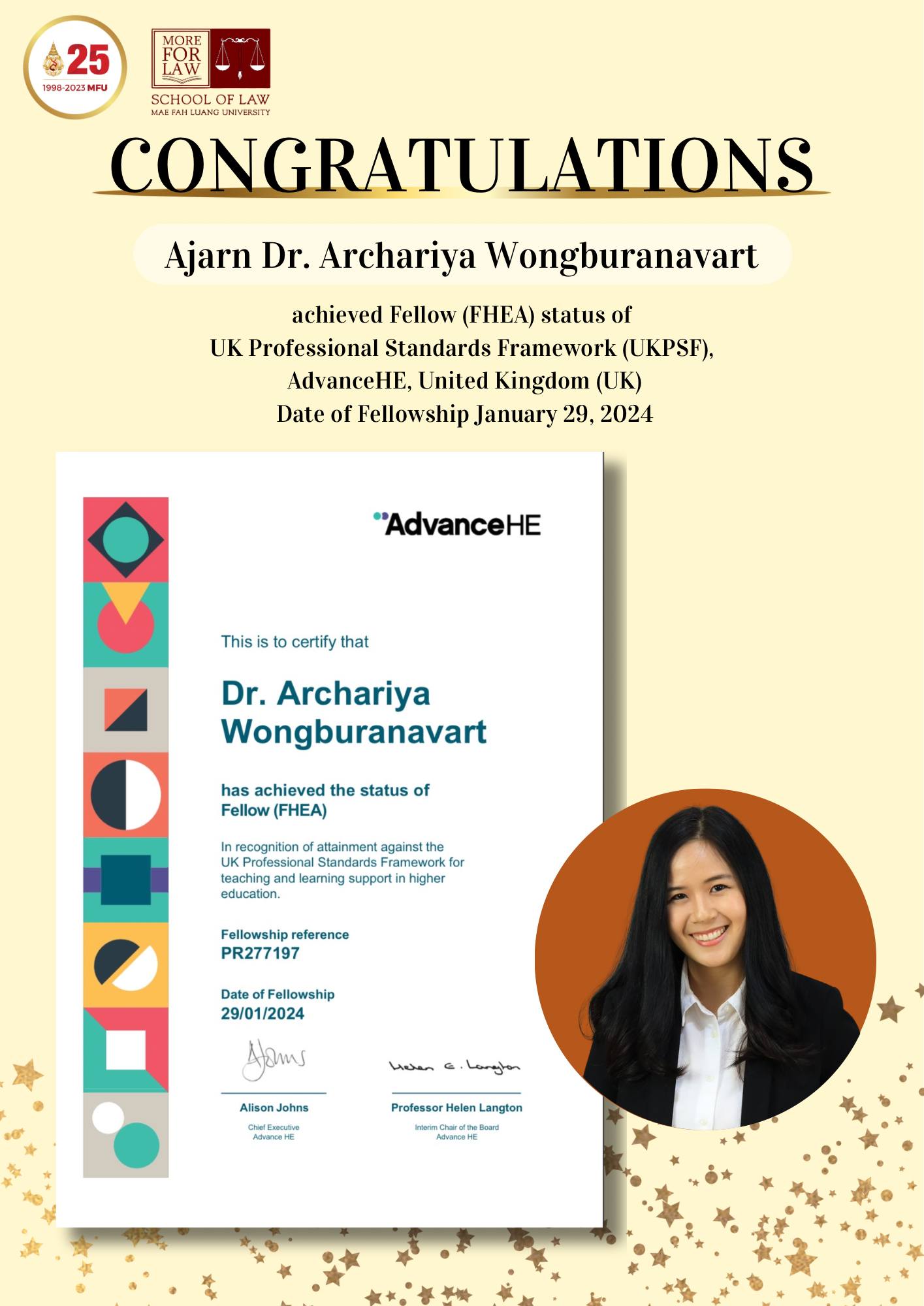 Congratulations to Ajarn Dr. Archariya Wongburanavart achieved Fellow (FHEA)